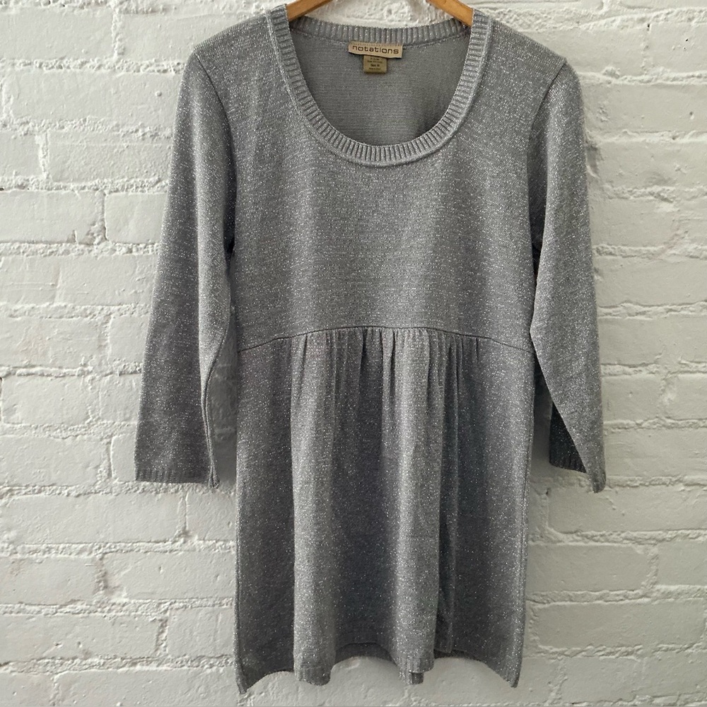 Vintage Notations Womens Peplum Top Sparkly Silver Gray Stretchy Knit Pullover M